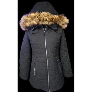 Marc New York Women's Medium Black Parka With Tan Faux Fur Detacheable Hood